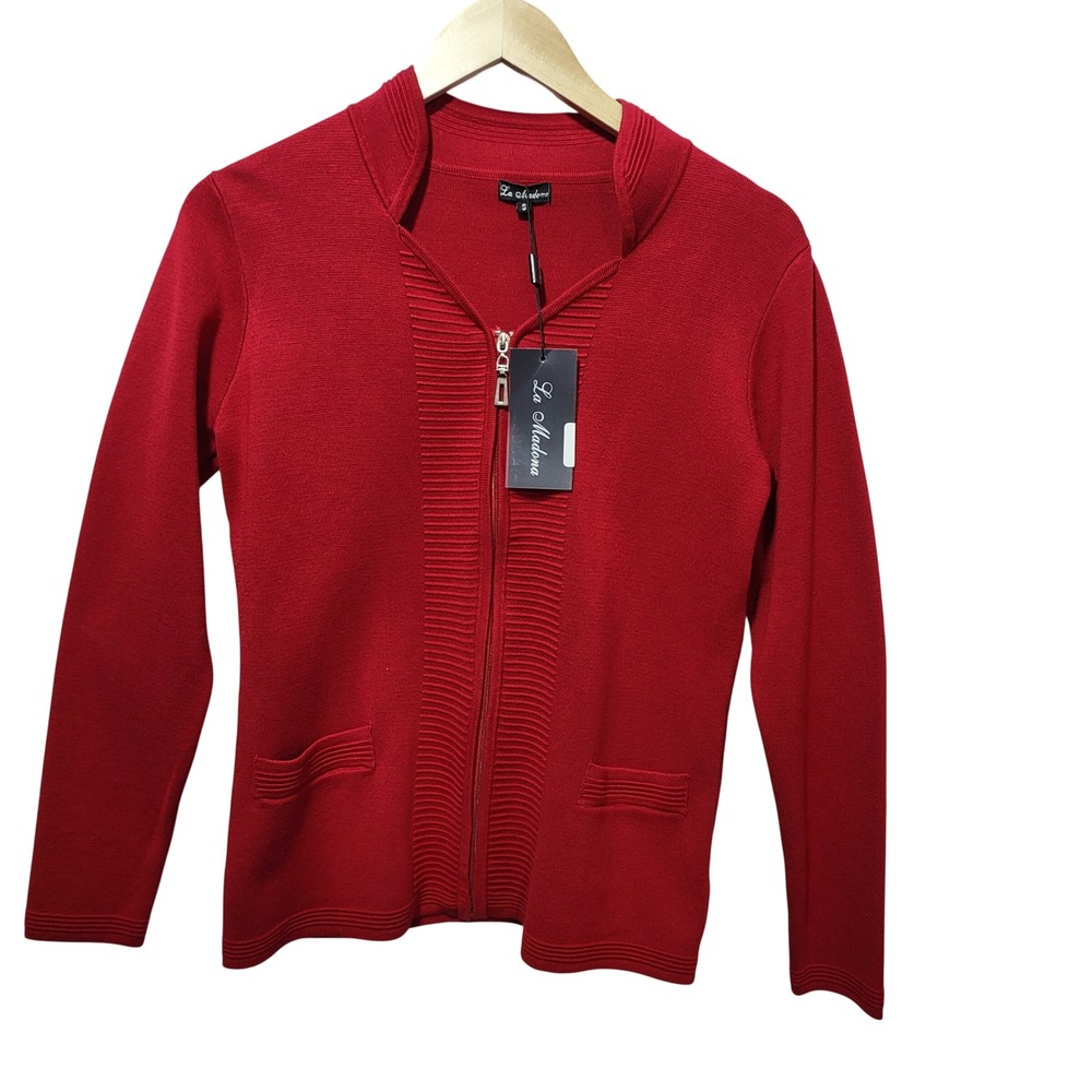 La‎ Madonna Red Zip Up Sweater Ribbed Knit Mock Neck Size S 34226